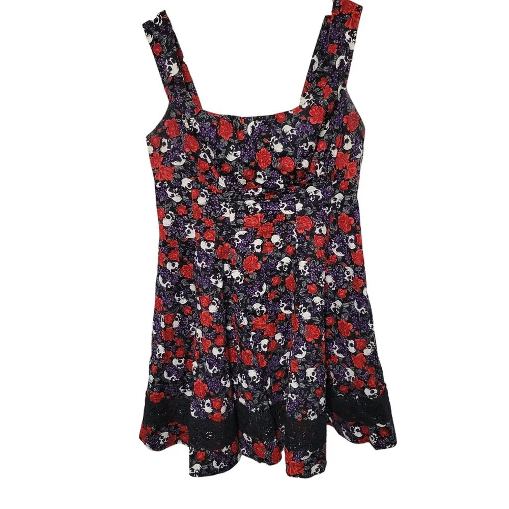 Hot Topic L 11 Dress Skull Floral Gothic Spooky Chic Floral Skater Flare Whimsy - Picture 2 of 11